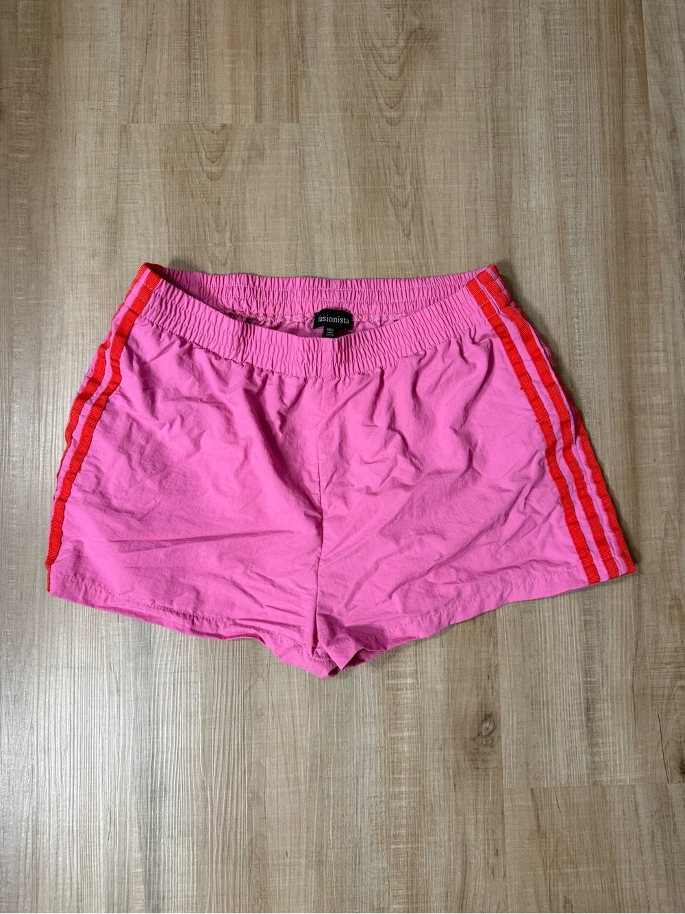 Women's Pink Athletic Shorts with Red Side Stripes
